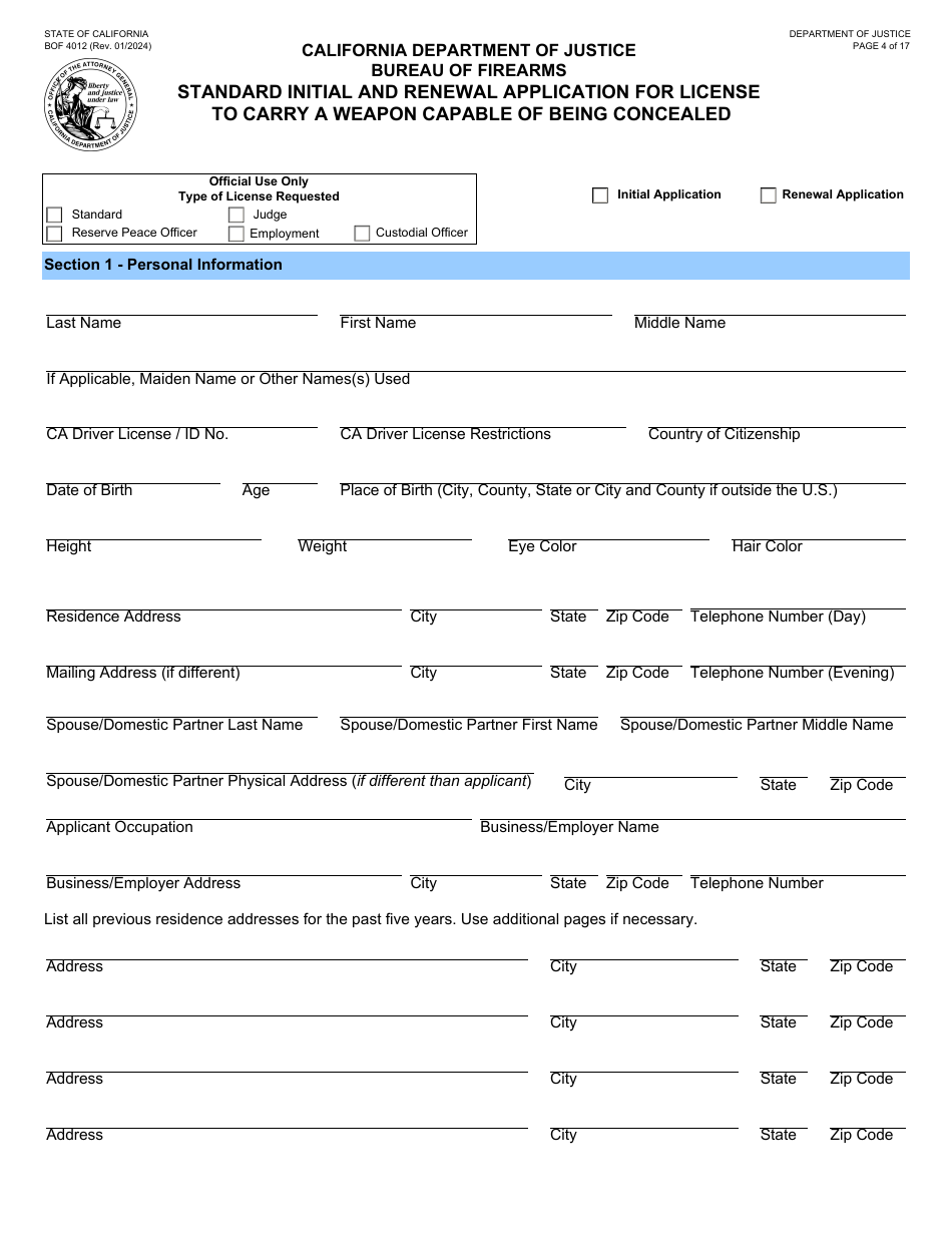 Form BOF4012 Standard Initial and Renewal Application for License to Carry a Weapon Capable of Being Concealed - California, Page 4