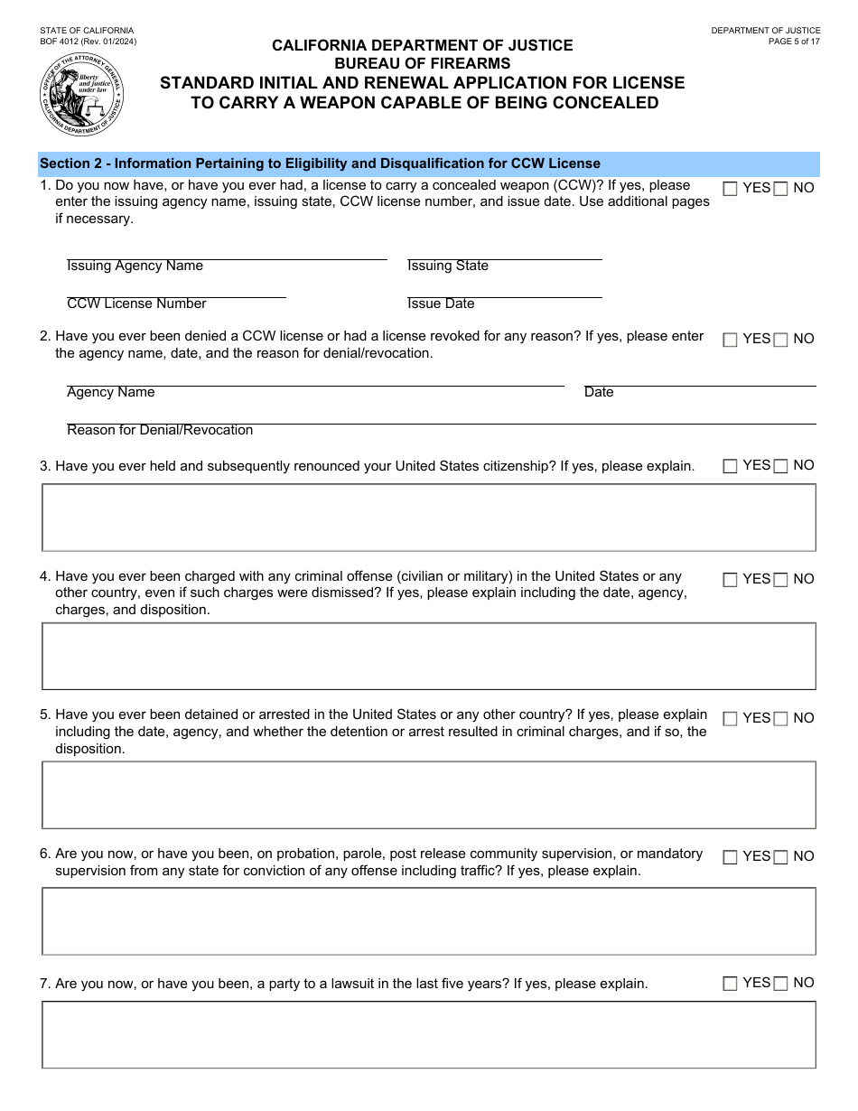 Form BOF4012 Standard Initial and Renewal Application for License to Carry a Weapon Capable of Being Concealed - California, Page 5