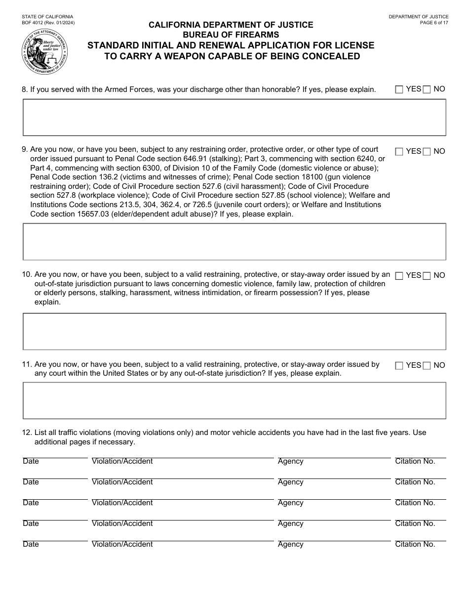 Form BOF4012 Standard Initial and Renewal Application for License to Carry a Weapon Capable of Being Concealed - California, Page 6