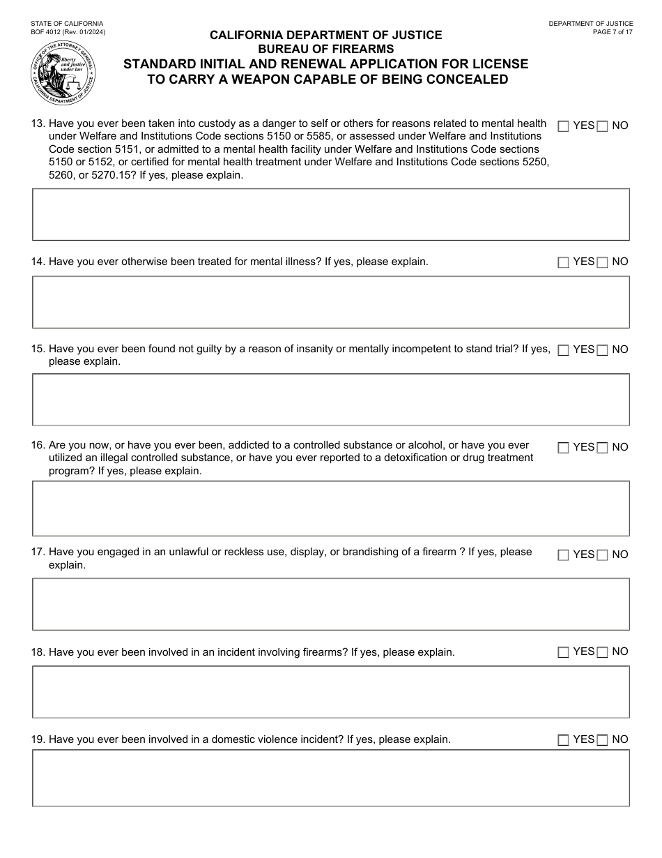 Form BOF4012 Standard Initial and Renewal Application for License to Carry a Weapon Capable of Being Concealed - California, Page 7