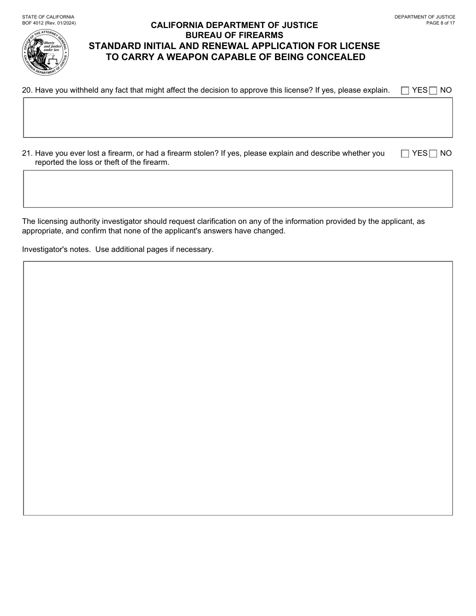 Form BOF4012 Standard Initial and Renewal Application for License to Carry a Weapon Capable of Being Concealed - California, Page 8