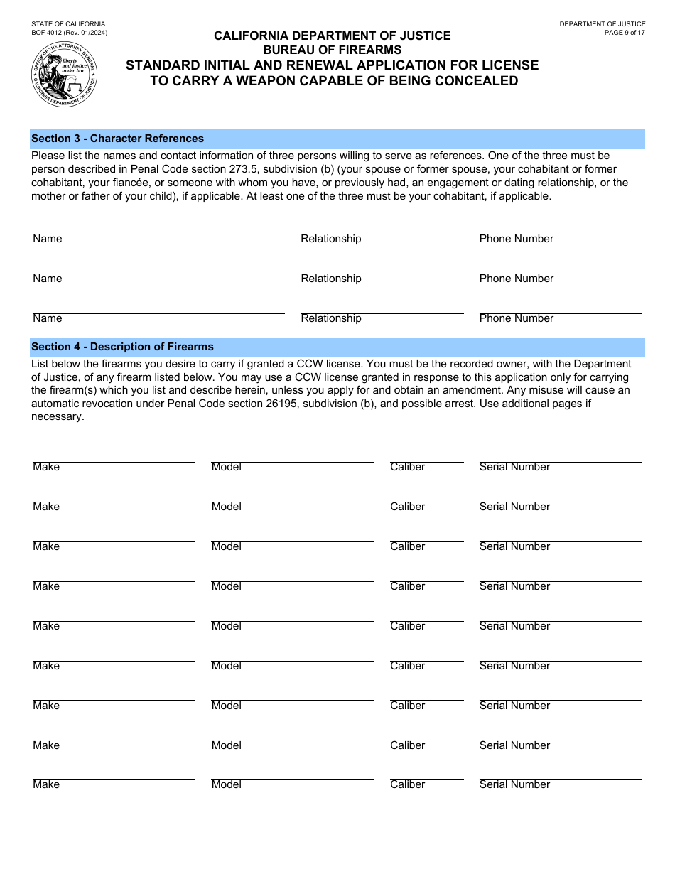 Form BOF4012 Standard Initial and Renewal Application for License to Carry a Weapon Capable of Being Concealed - California, Page 9