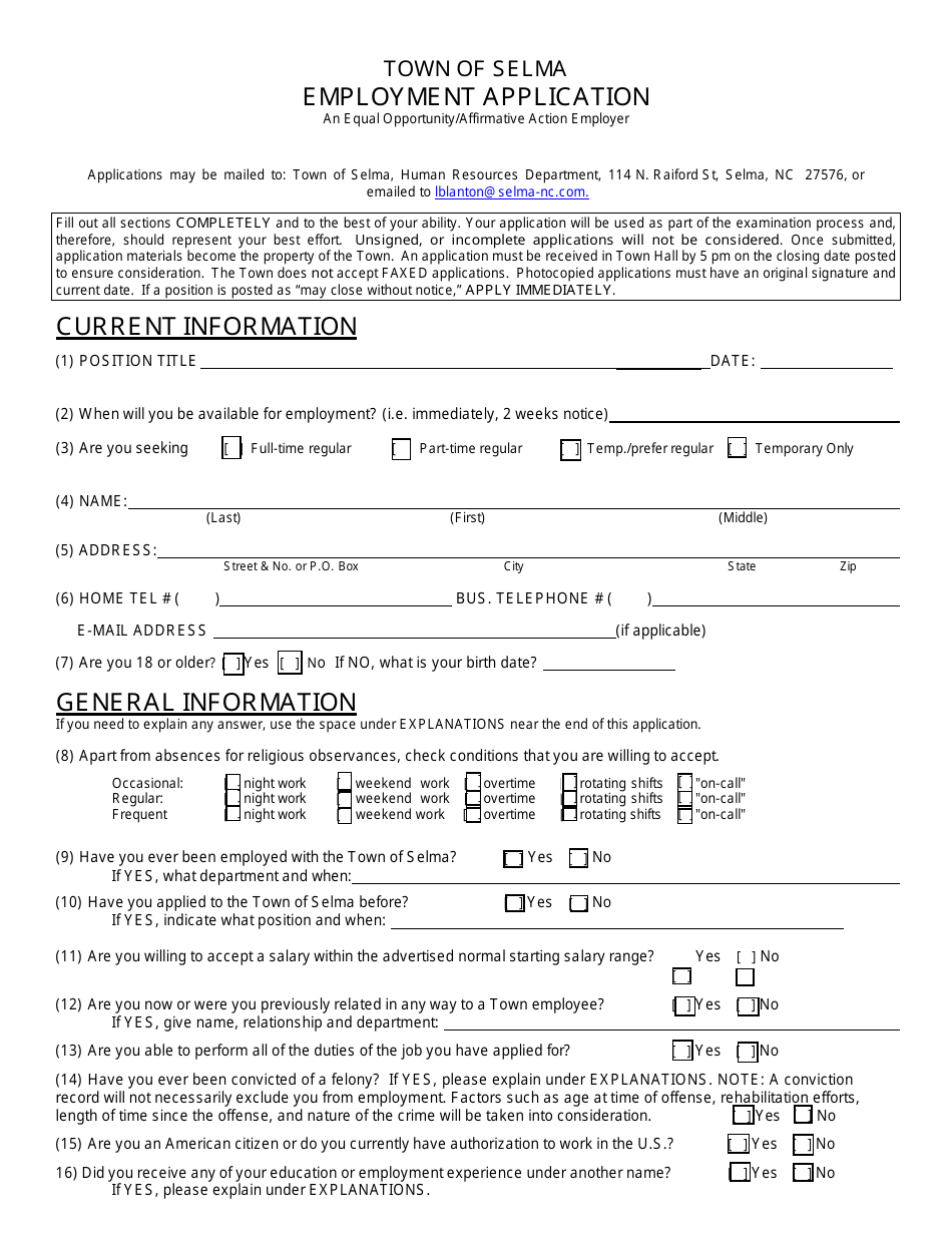Employment Application - Town of Selma, North Carolina, Page 1