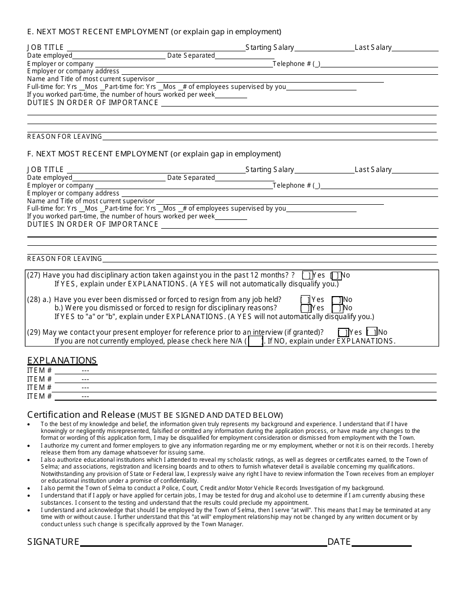 Employment Application - Town of Selma, North Carolina, Page 4