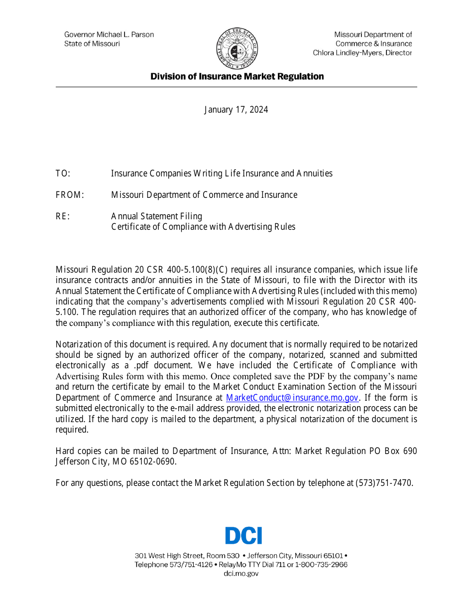 Certificate of Compliance With Advertising Rules - Missouri, Page 1