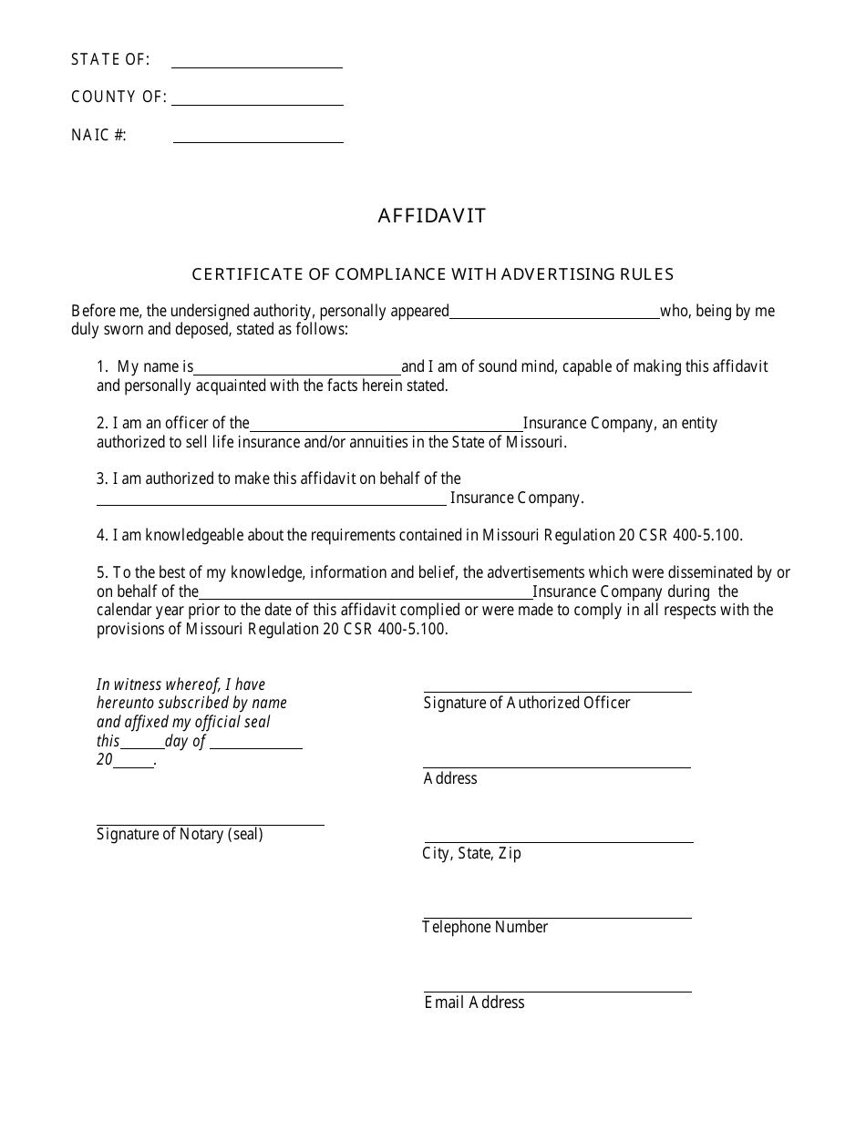 Missouri Certificate of Compliance With Advertising Rules Download ...