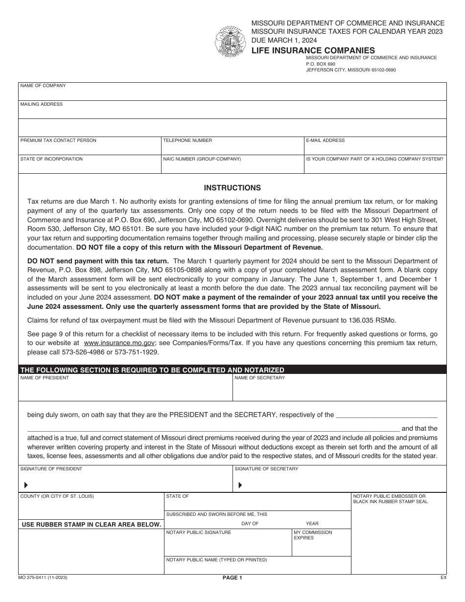 Form MO375-0411 Life Insurance Companies - Missouri, Page 1