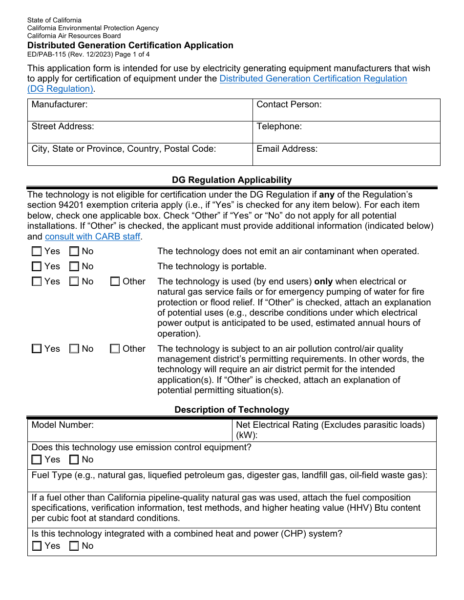 Form ED / PAB-115 Distributed Generation Certification Application - California, Page 1