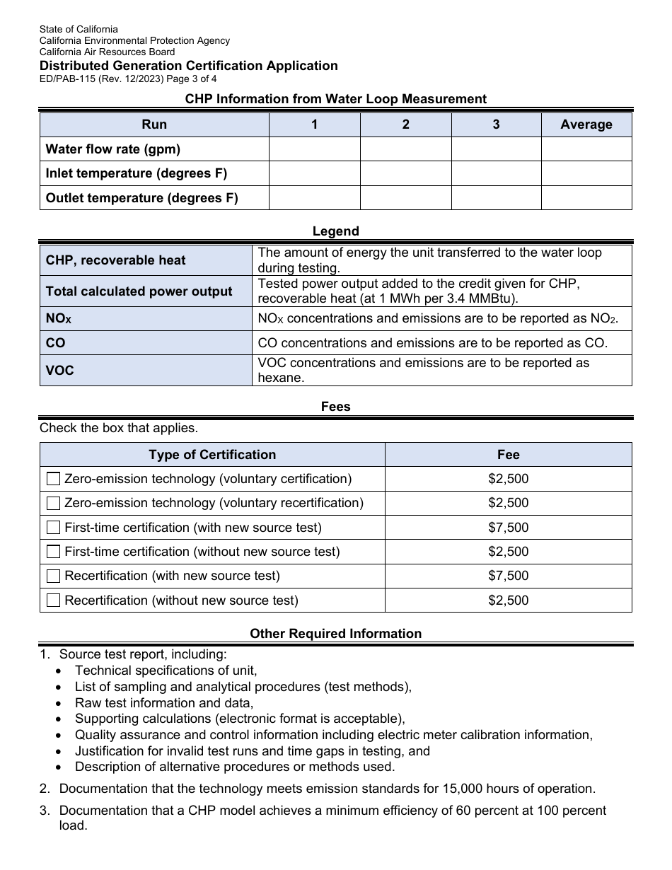 Form ED / PAB-115 Distributed Generation Certification Application - California, Page 3