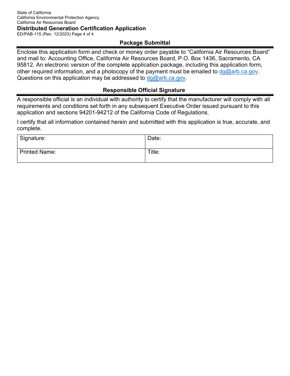 Form ED / PAB-115 Distributed Generation Certification Application - California, Page 4