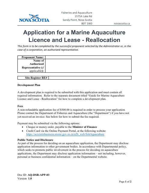 Form AQ-DSR-APP-03 Application for a Marine Aquaculture Licence and Lease - Reallocation - Nova Scotia, Canada
