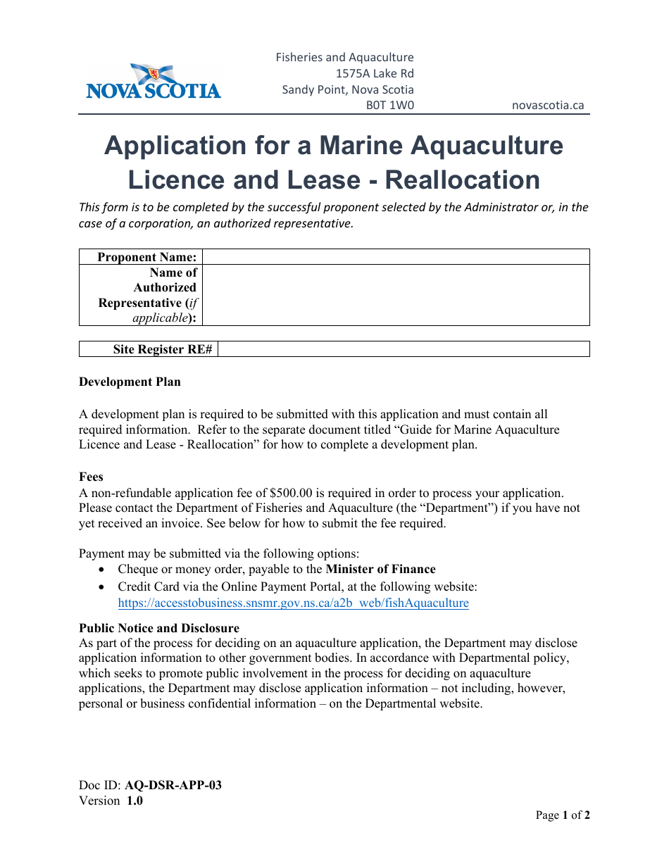 Form AQ-DSR-APP-03 Application for a Marine Aquaculture Licence and Lease - Reallocation - Nova Scotia, Canada, Page 1