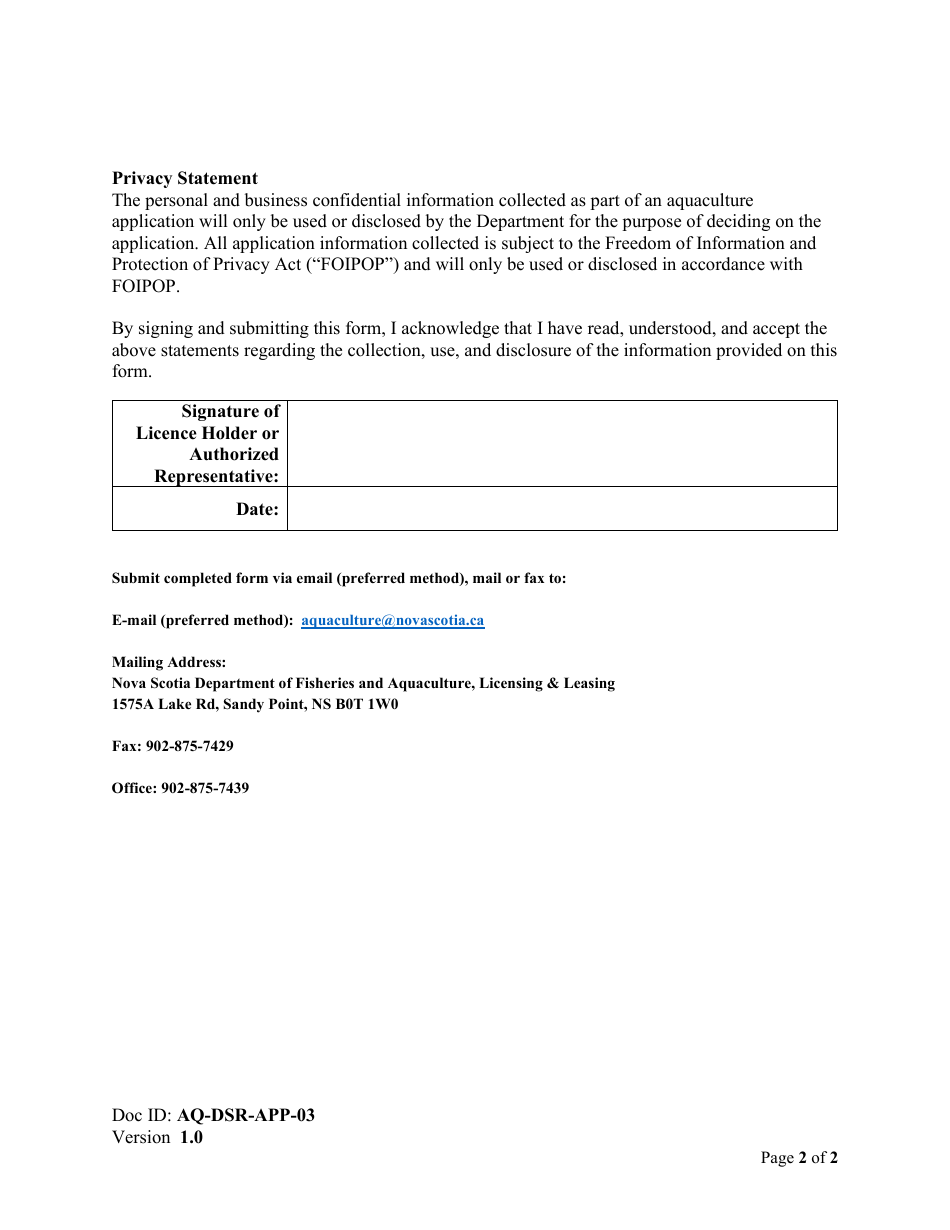 Form AQ-DSR-APP-03 Application for a Marine Aquaculture Licence and Lease - Reallocation - Nova Scotia, Canada, Page 2