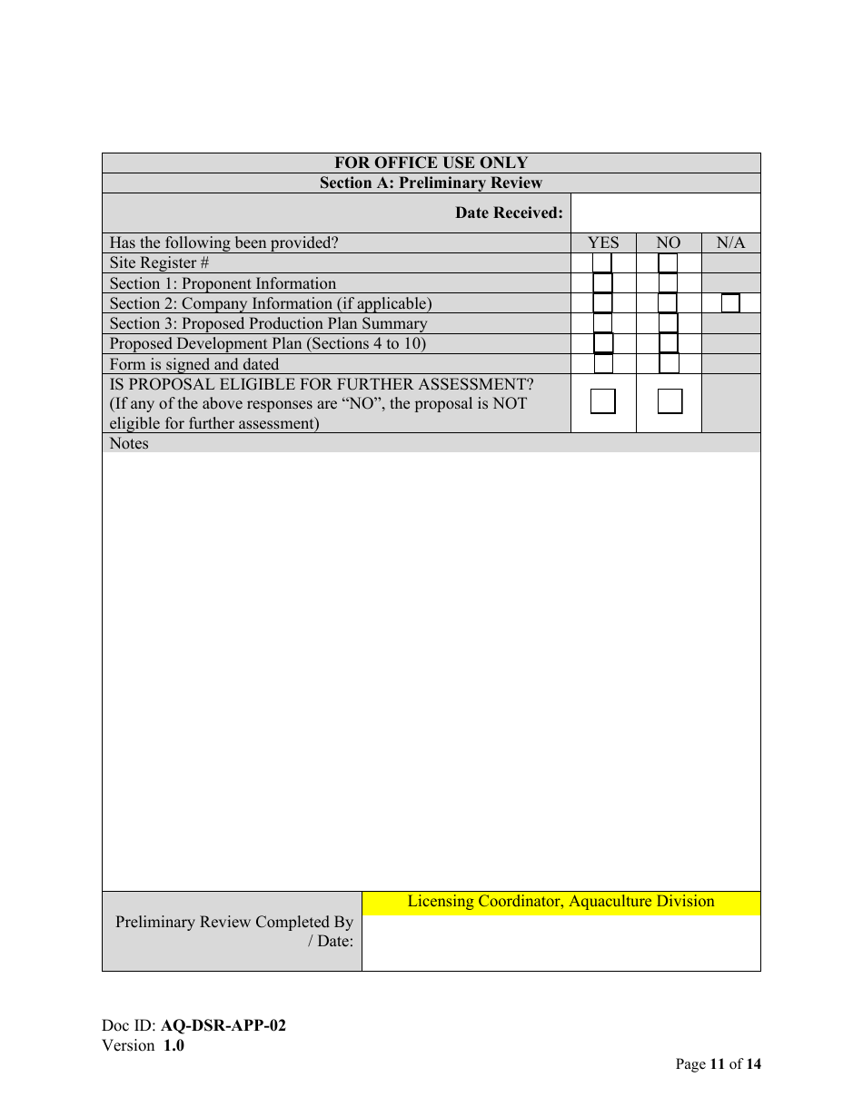 Form AQ-DSR-APP-02 Proposal for the Exclusive Right to Apply for a Marine Aquaculture Licence and Lease - Reallocation - Nova Scotia, Canada, Page 11