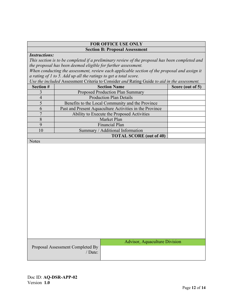Form AQ-DSR-APP-02 Proposal for the Exclusive Right to Apply for a Marine Aquaculture Licence and Lease - Reallocation - Nova Scotia, Canada, Page 12