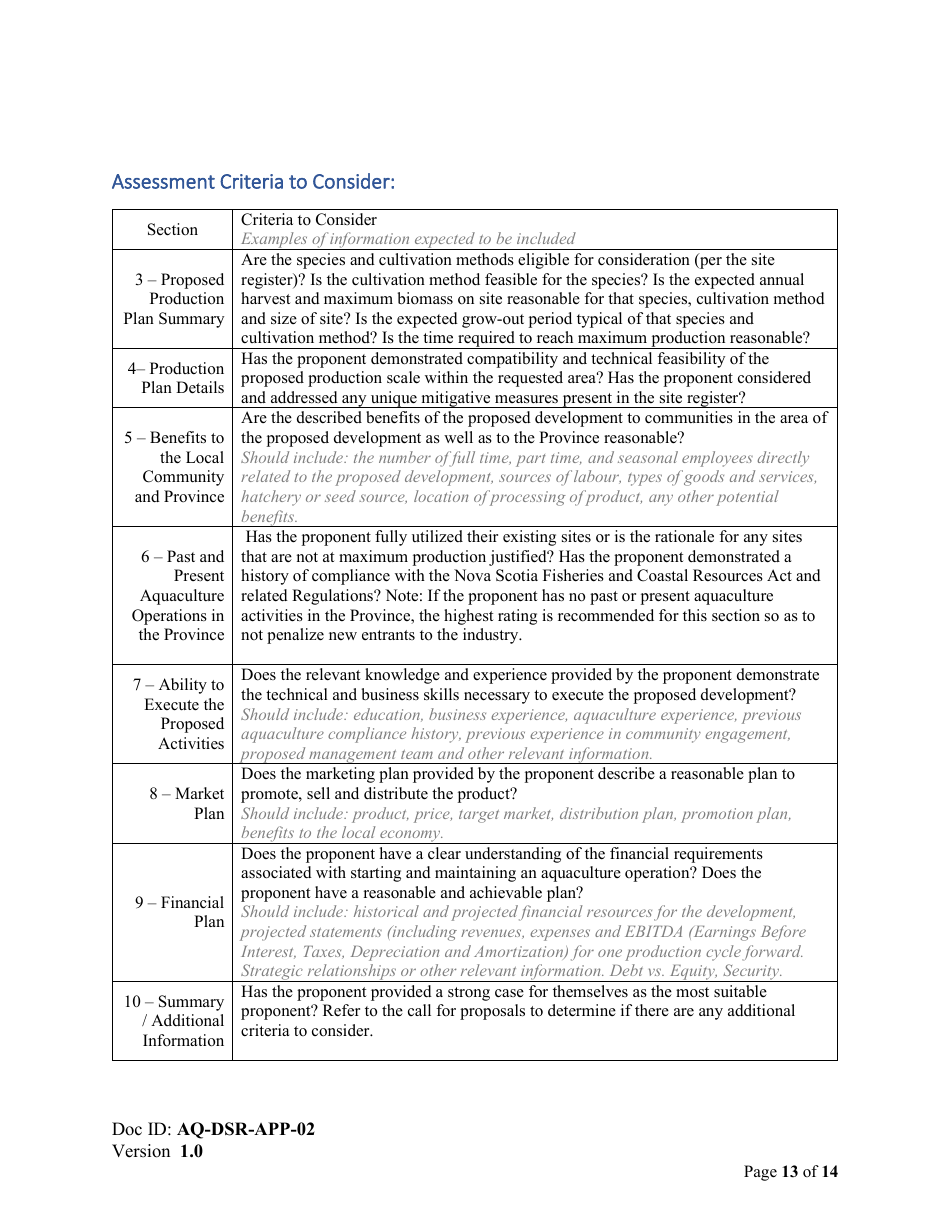 Form AQ-DSR-APP-02 Proposal for the Exclusive Right to Apply for a Marine Aquaculture Licence and Lease - Reallocation - Nova Scotia, Canada, Page 13