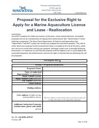 Form AQ-DSR-APP-02 Proposal for the Exclusive Right to Apply for a Marine Aquaculture Licence and Lease - Reallocation - Nova Scotia, Canada