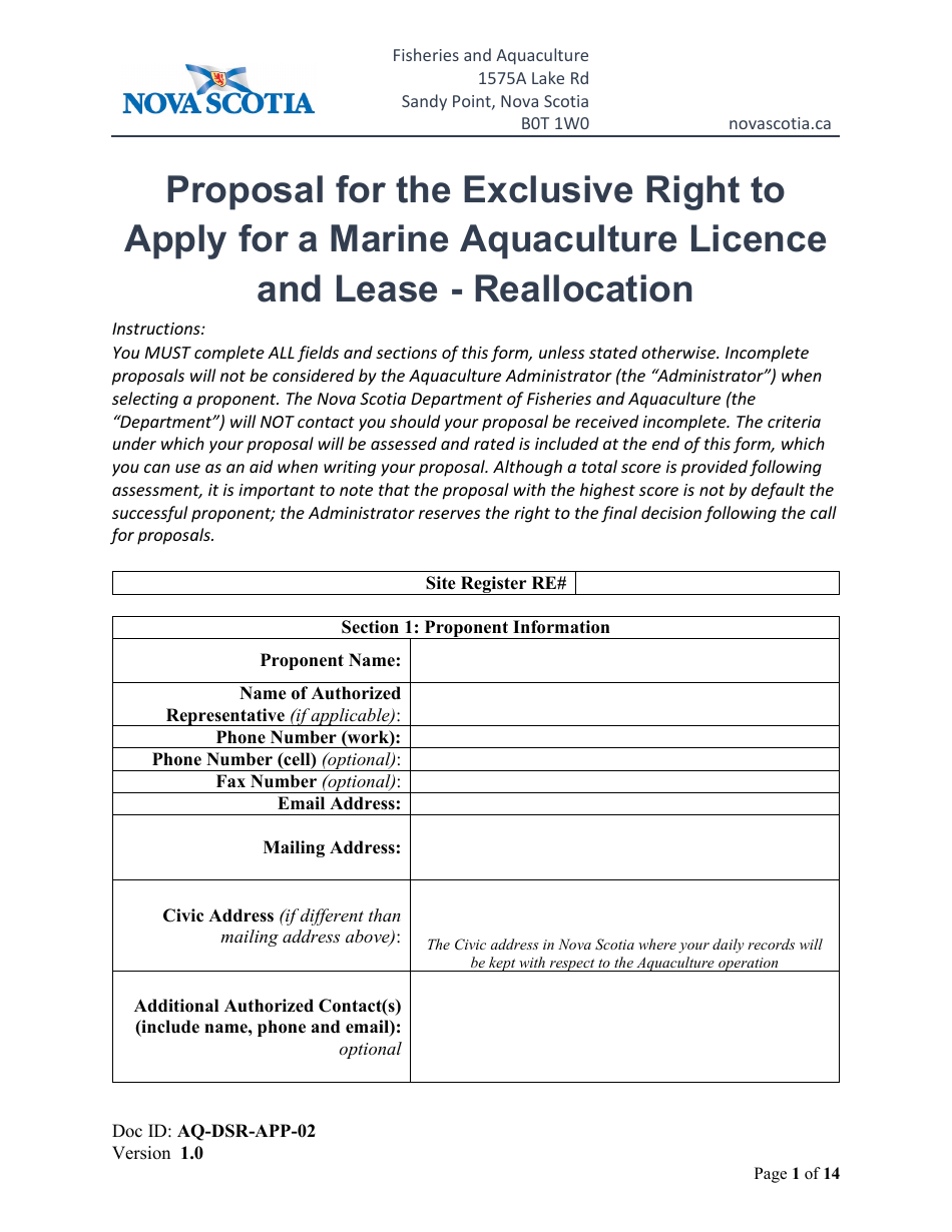 Form AQ-DSR-APP-02 Proposal for the Exclusive Right to Apply for a Marine Aquaculture Licence and Lease - Reallocation - Nova Scotia, Canada, Page 1