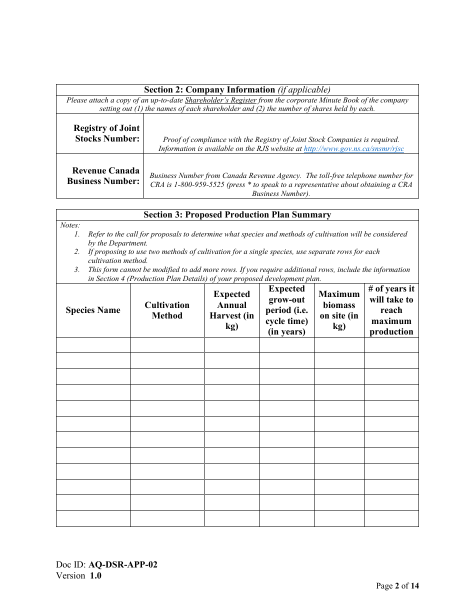Form AQ-DSR-APP-02 Proposal for the Exclusive Right to Apply for a Marine Aquaculture Licence and Lease - Reallocation - Nova Scotia, Canada, Page 2