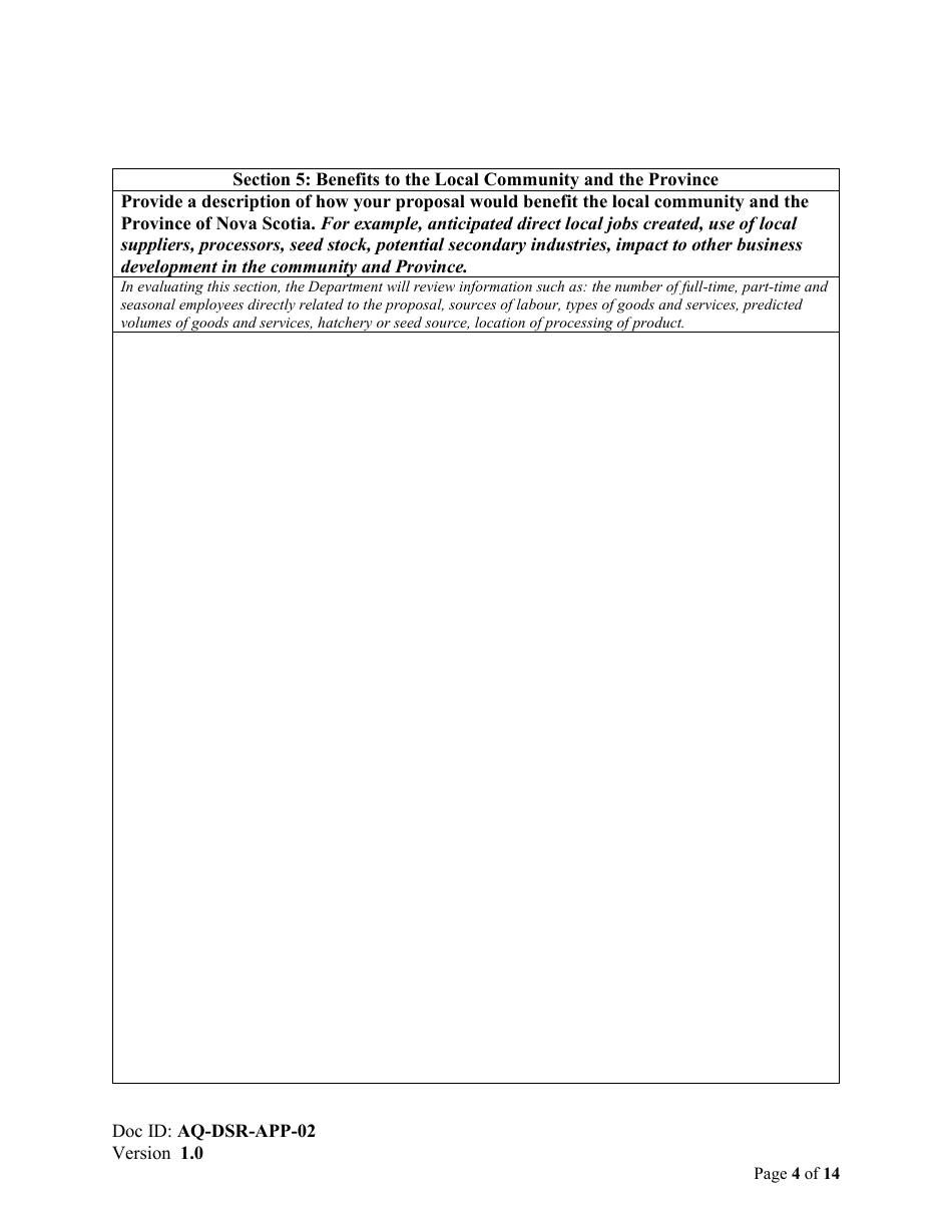 Form AQ-DSR-APP-02 Proposal for the Exclusive Right to Apply for a Marine Aquaculture Licence and Lease - Reallocation - Nova Scotia, Canada, Page 4
