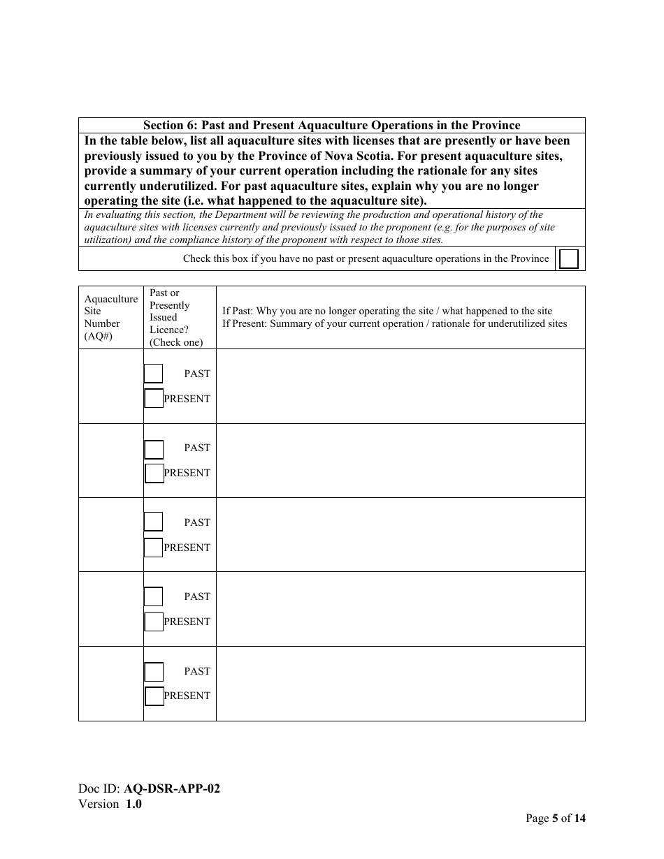 Form AQ-DSR-APP-02 Proposal for the Exclusive Right to Apply for a Marine Aquaculture Licence and Lease - Reallocation - Nova Scotia, Canada, Page 5