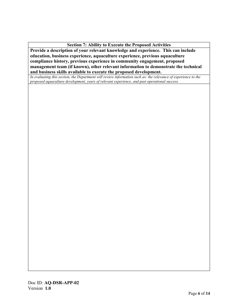 Form AQ-DSR-APP-02 Proposal for the Exclusive Right to Apply for a Marine Aquaculture Licence and Lease - Reallocation - Nova Scotia, Canada, Page 6