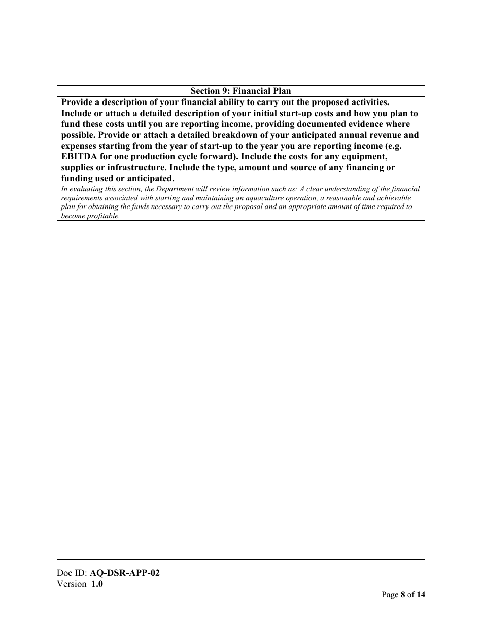 Form AQ-DSR-APP-02 Proposal for the Exclusive Right to Apply for a Marine Aquaculture Licence and Lease - Reallocation - Nova Scotia, Canada, Page 8