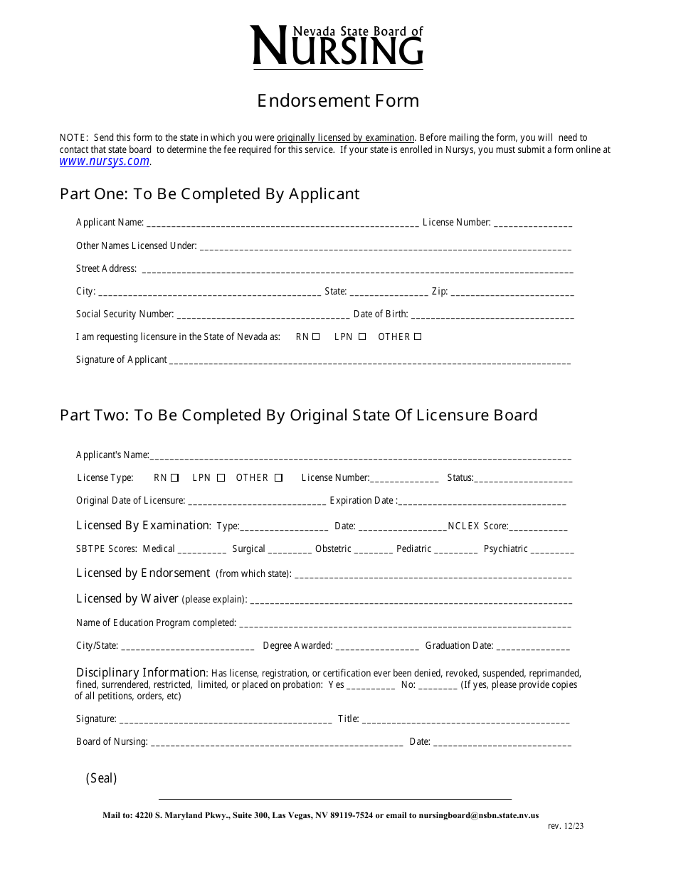Rn / Lpn License Verification / Endorsement Form (Pennsylvania or California-Lpn Only) - Nevada, Page 1