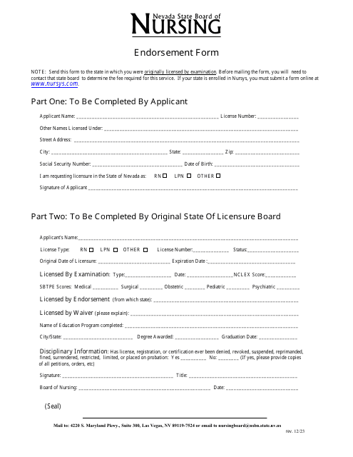 Rn/Lpn License Verification/Endorsement Form (Pennsylvania or California-Lpn Only) - Nevada