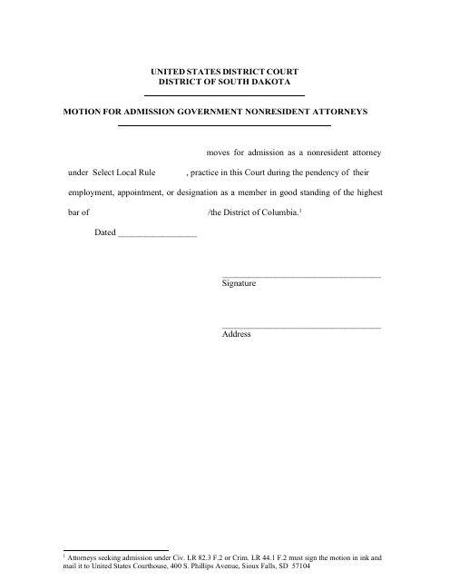 Motion for Admission Government Nonresident Attorneys - South Dakota Download Pdf