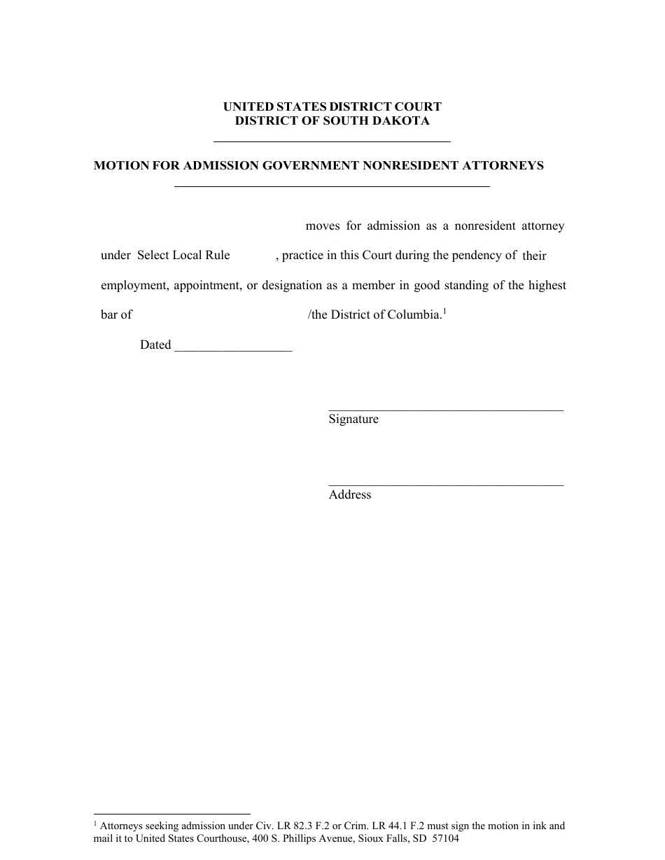 Motion for Admission Government Nonresident Attorneys - South Dakota, Page 1