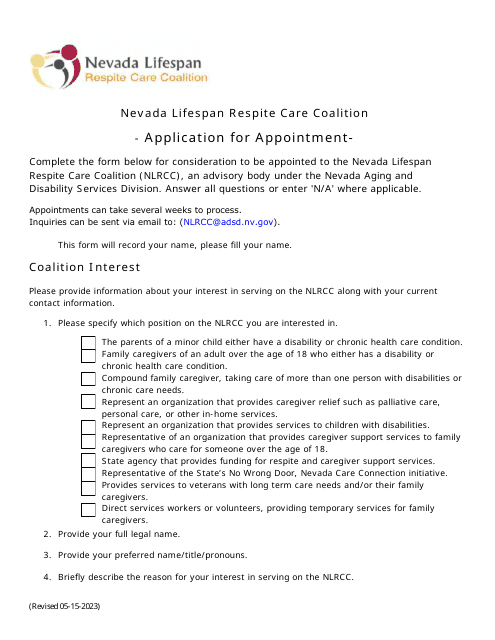 Application for Appointment - Nevada Lifespan Respite Care Coalition - Nevada Download Pdf