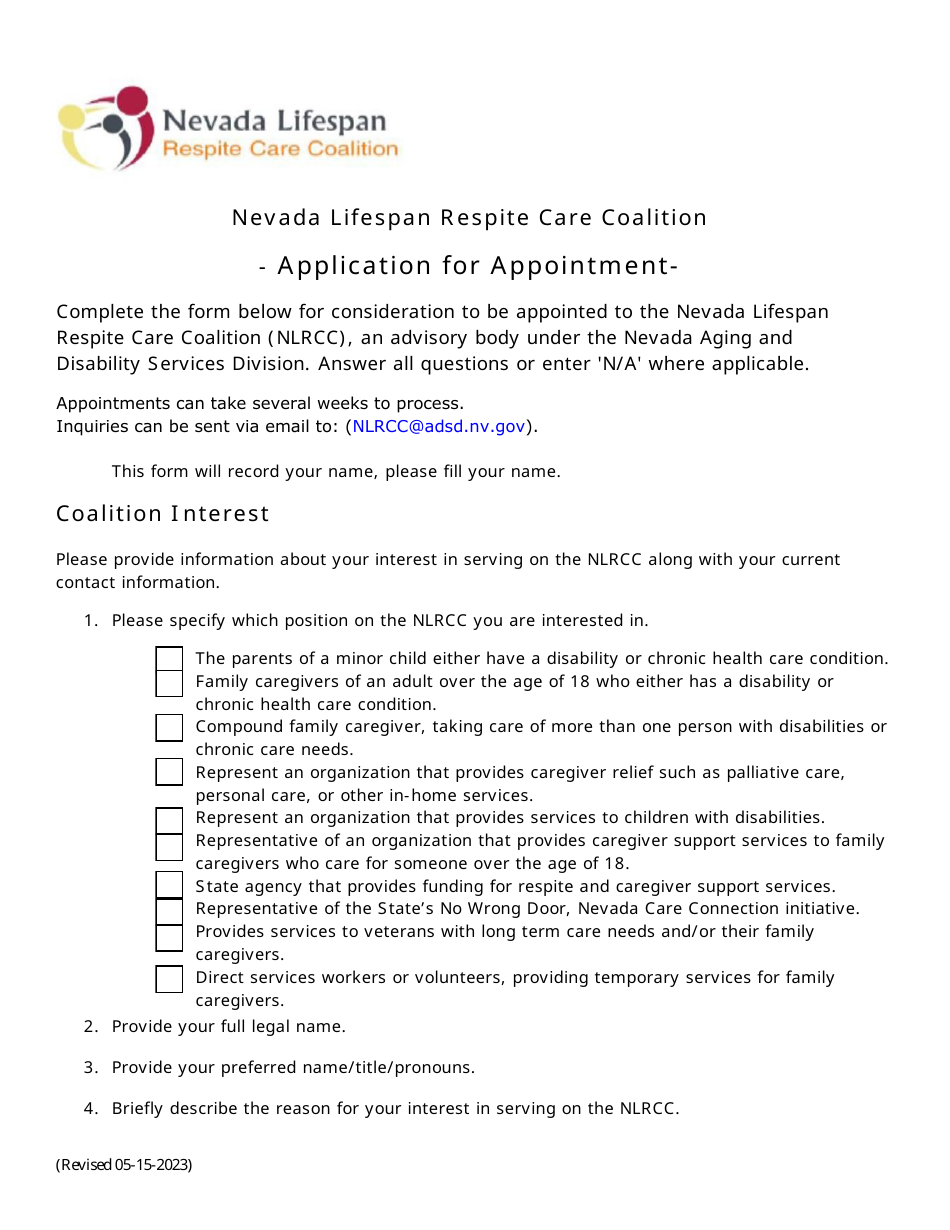 Application for Appointment - Nevada Lifespan Respite Care Coalition - Nevada, Page 1
