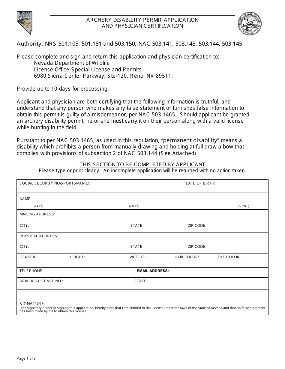 Archery Disability Permit Application and Physician Certification - Nevada, Page 1