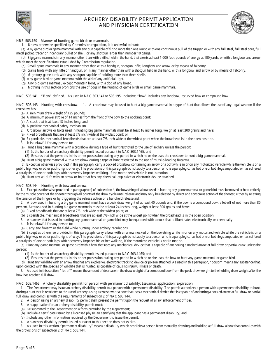 Archery Disability Permit Application and Physician Certification - Nevada, Page 3