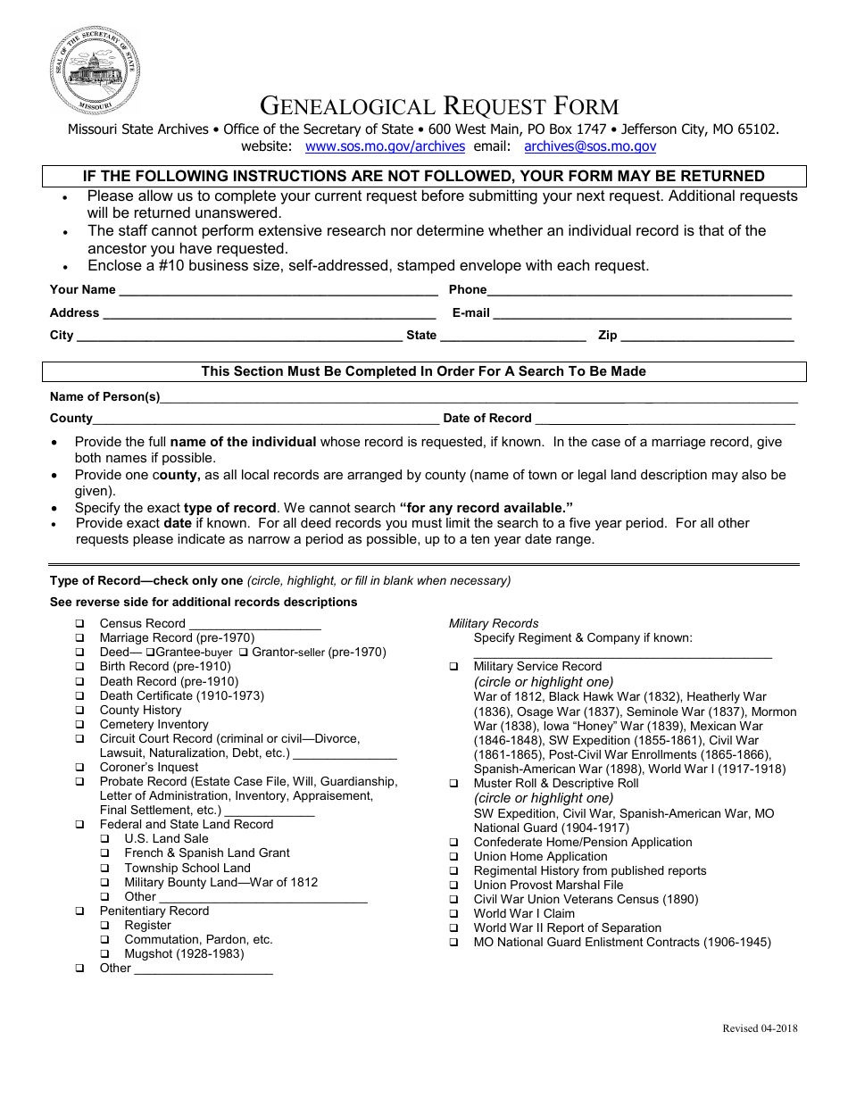 Genealogical Request Form - Missouri, Page 1