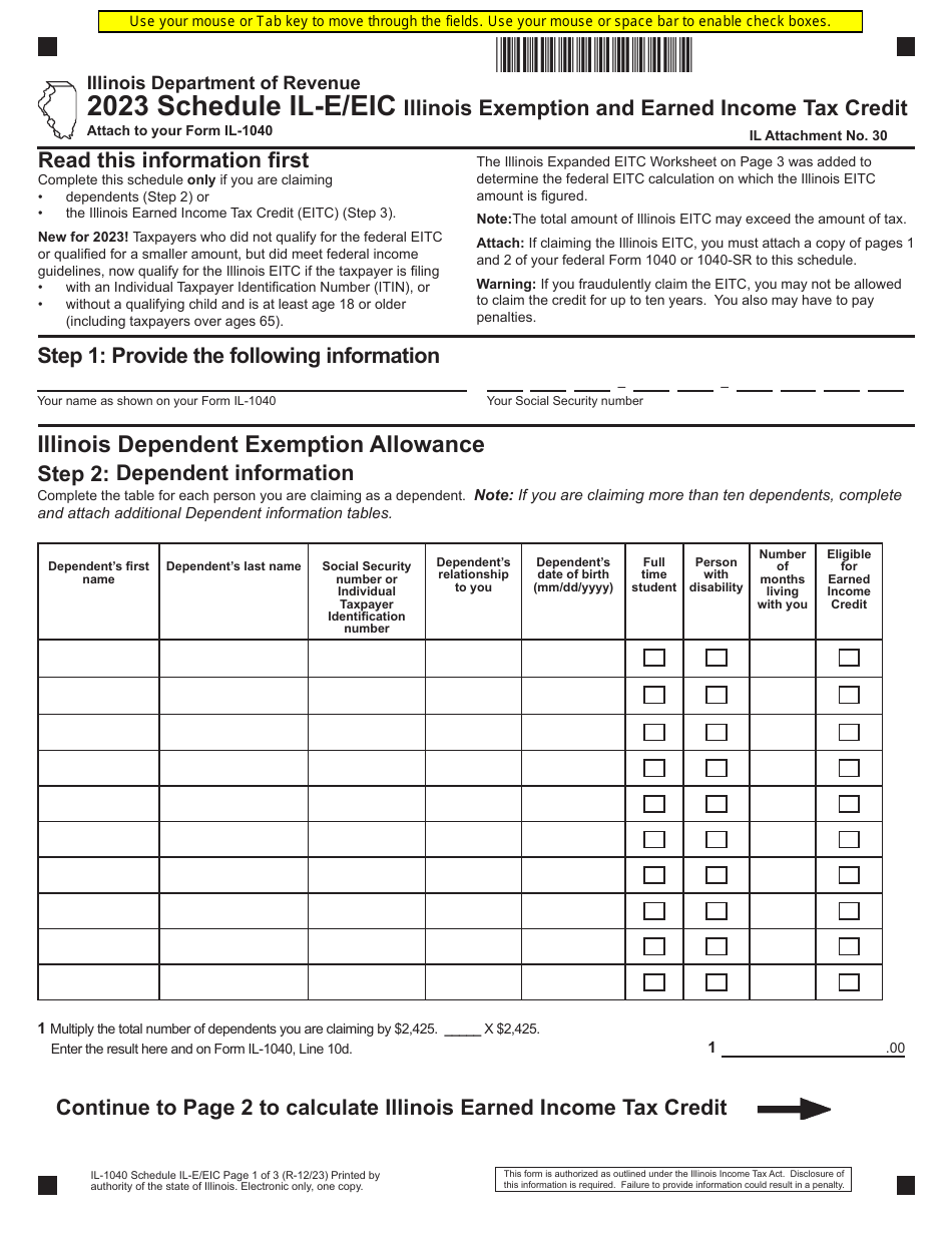 Form IL1040 Schedule ILE/EIC Download Fillable PDF or Fill Online