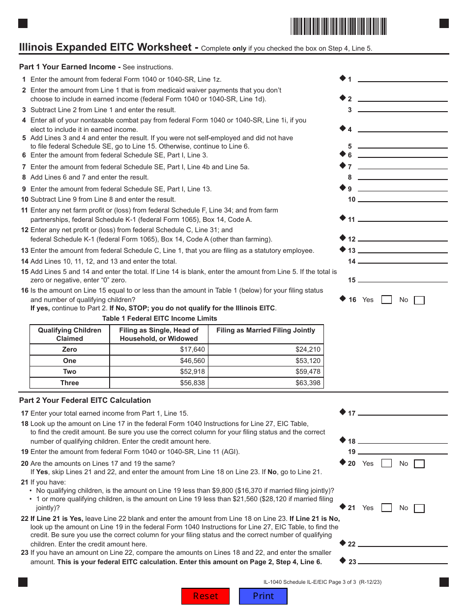 Form IL1040 Schedule ILE/EIC Download Fillable PDF or Fill Online