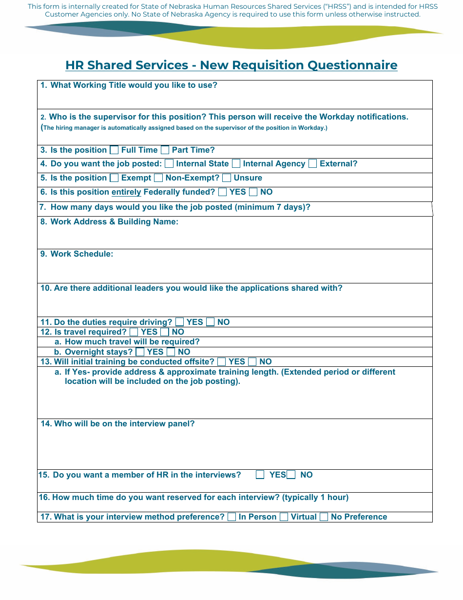 HR Shared Services - New Requisition Questionnaire - Nebraska, Page 1