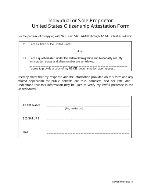 Individual or Sole Proprietor United States Citizenship Attestation Form - Nebraska (English / Spanish) Download Pdf