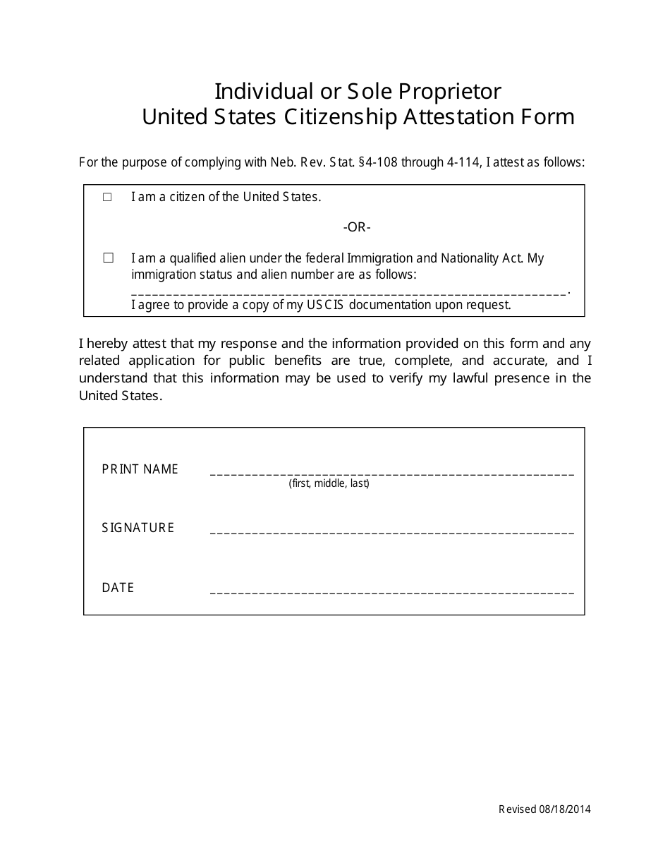 Nebraska Individual or Sole Proprietor United States Citizenship Attestation Form (English