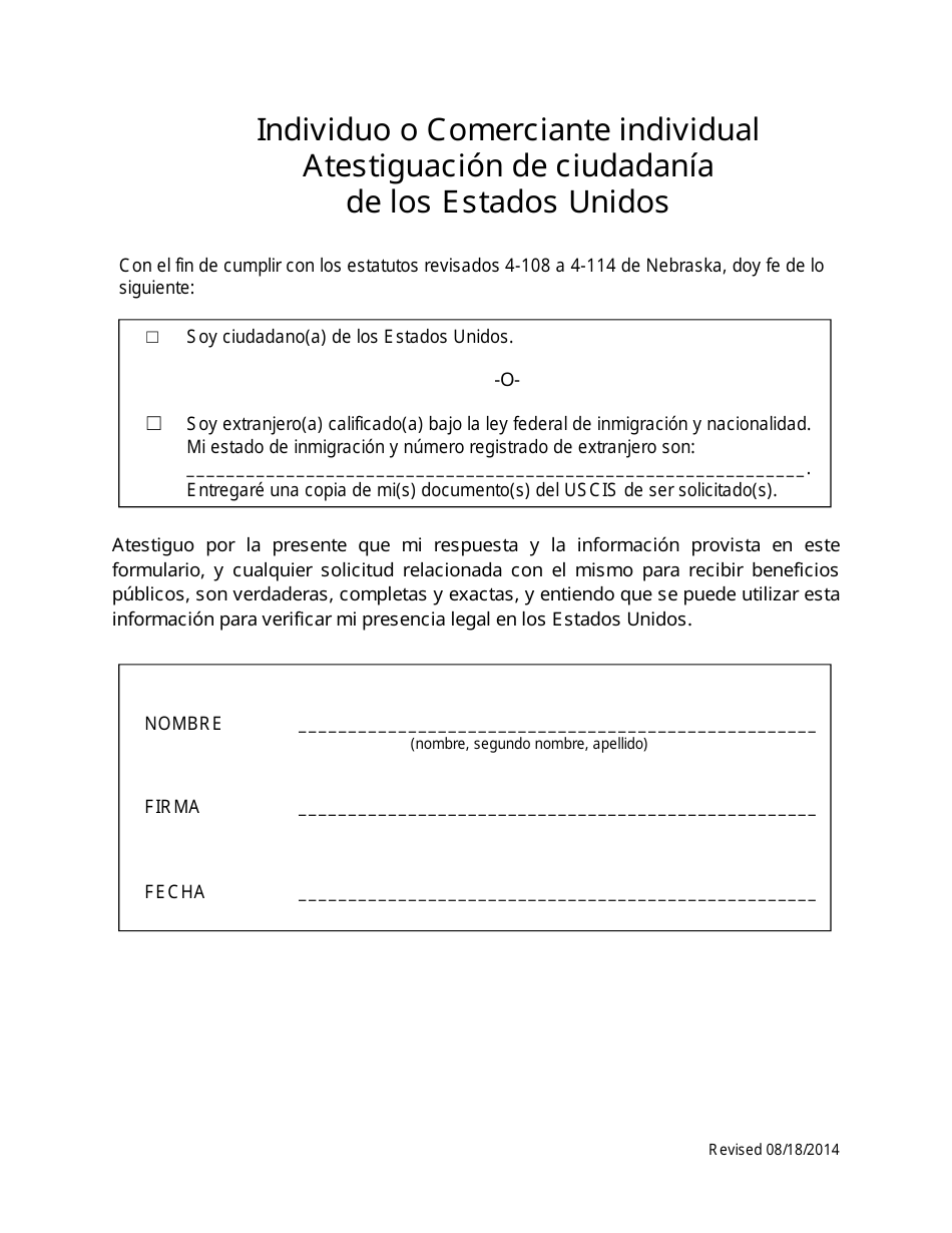 Individual or Sole Proprietor United States Citizenship Attestation Form - Nebraska (English / Spanish), Page 2
