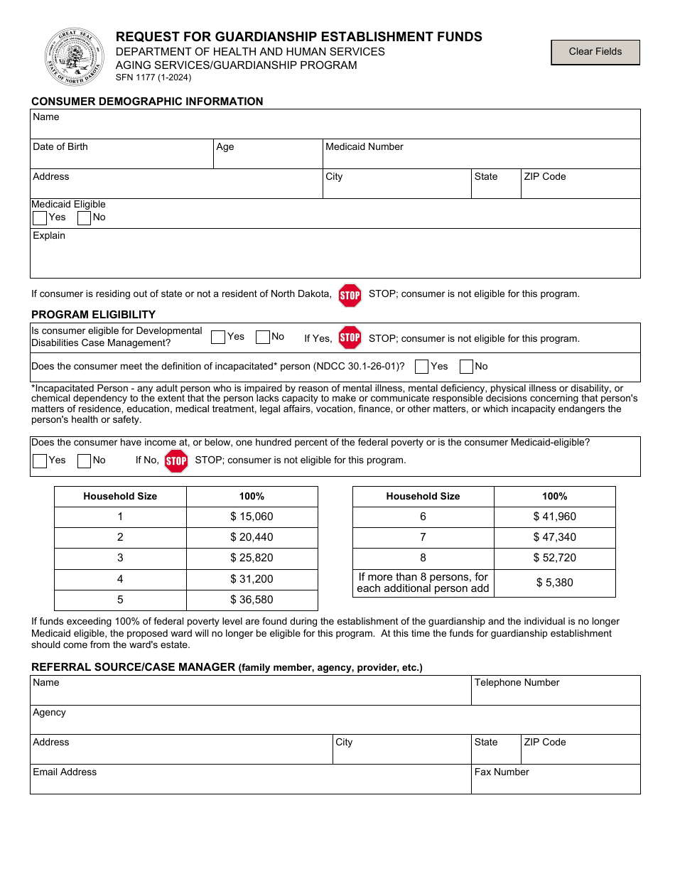 Form SFN1177 Request for Guardianship Establishment Funds - North Dakota, Page 1