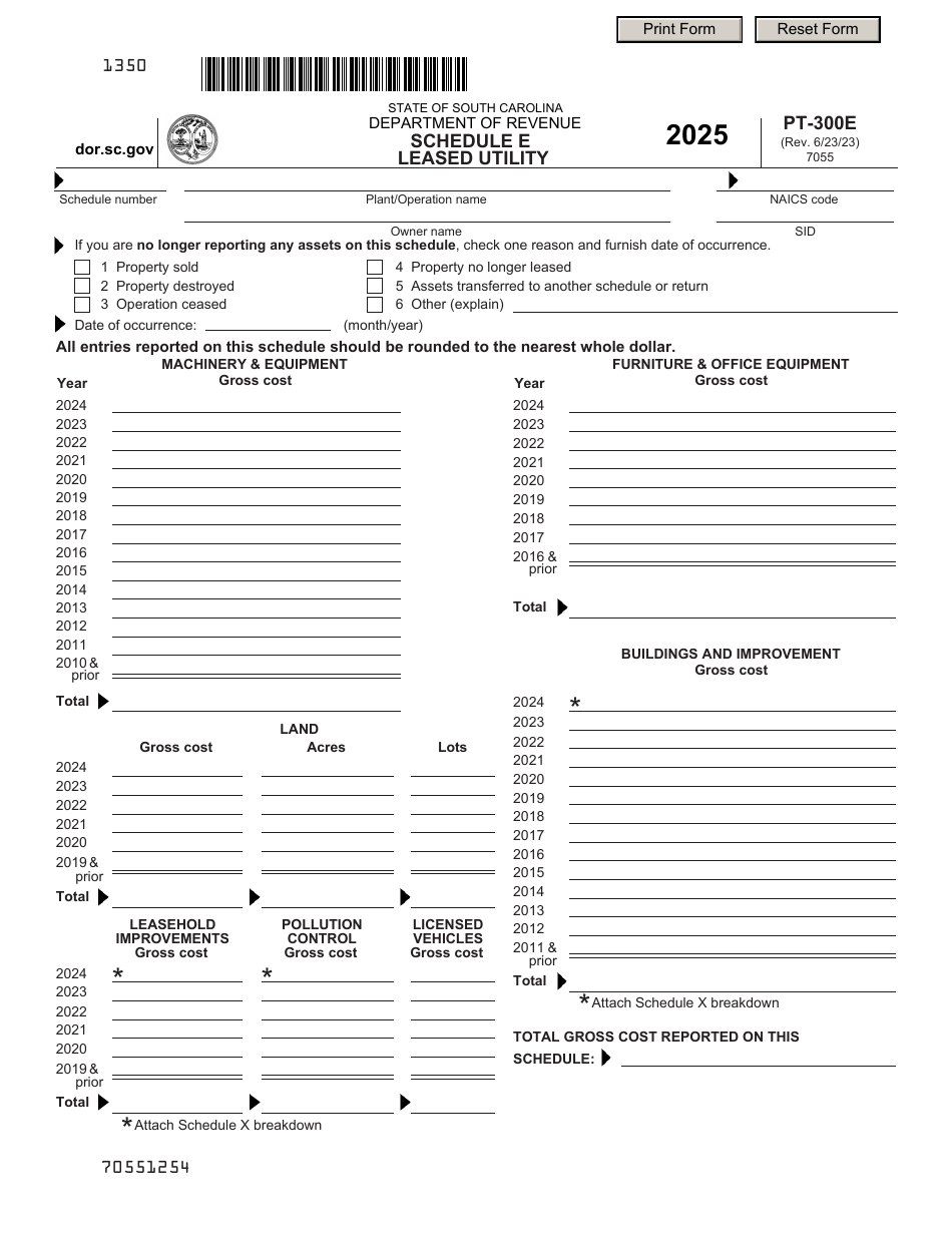 Form PT-300E Schedule E Leased Utility - South Carolina, Page 1