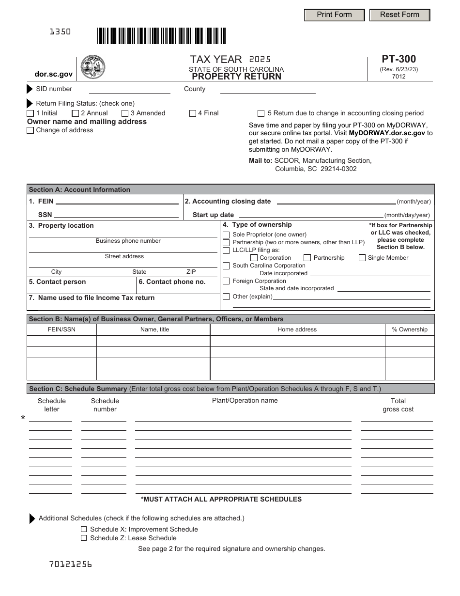 Form PT-300 Property Return - South Carolina, Page 1