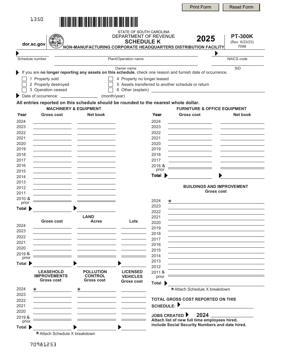 Form PT-300K Schedule K Non-manufacturing Corporate Headquarters Distribution Facility - South Carolina, Page 1