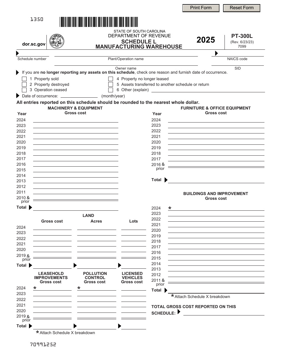 Form PT-300L Schedule L Manufacturing Warehouse - South Carolina, Page 1