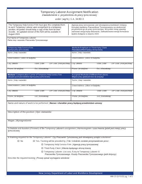 Form MW-23 Temporary Laborer Assignment Notification - New Jersey (English/Polish)