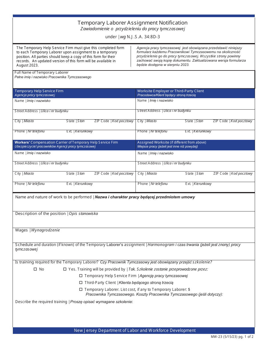 Form MW-23 Temporary Laborer Assignment Notification - New Jersey (English / Polish), Page 1