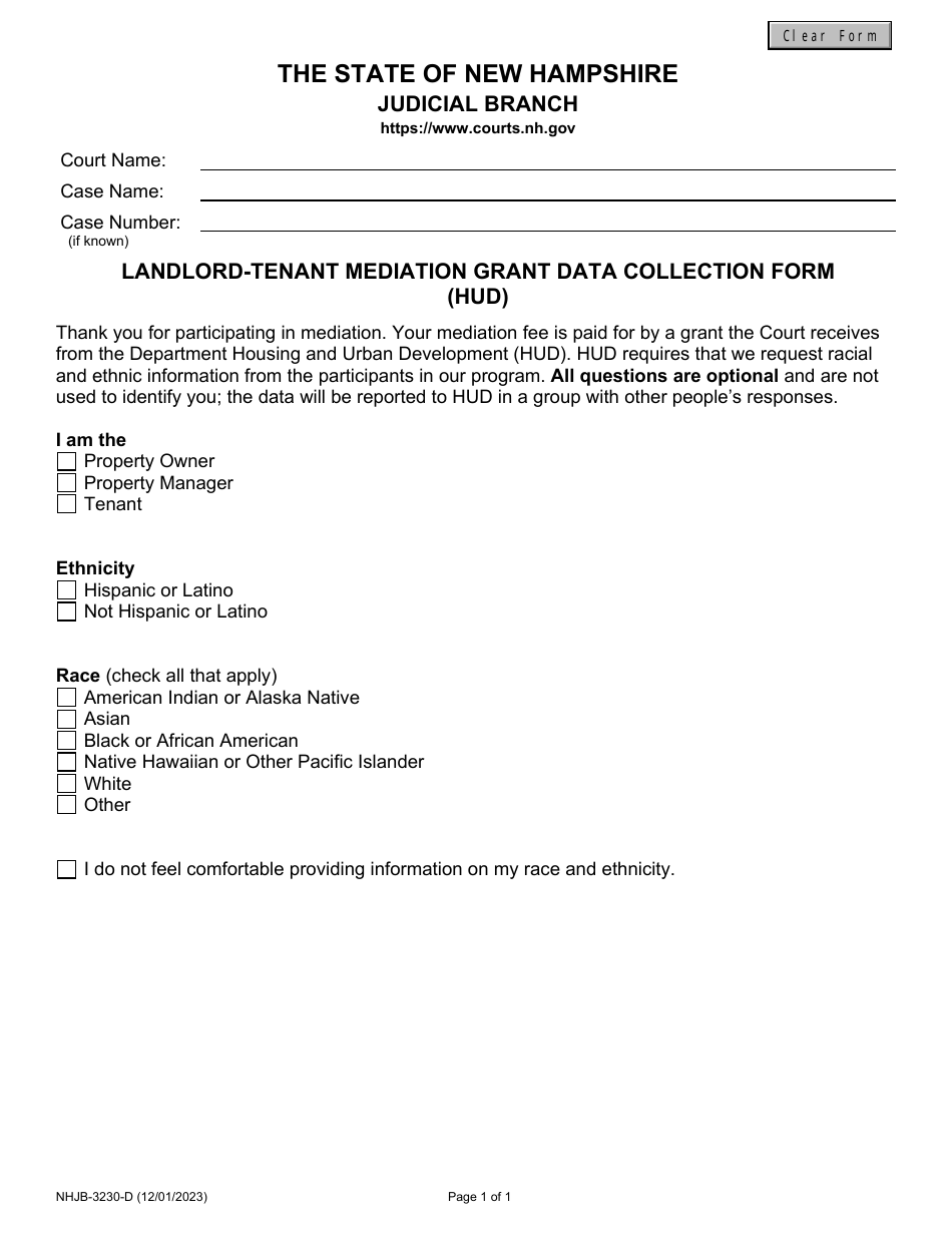 Form NHJB-3230-D Landlord-Tenant Mediation Grant Data Collection Form (Hud) - New Hampshire, Page 1